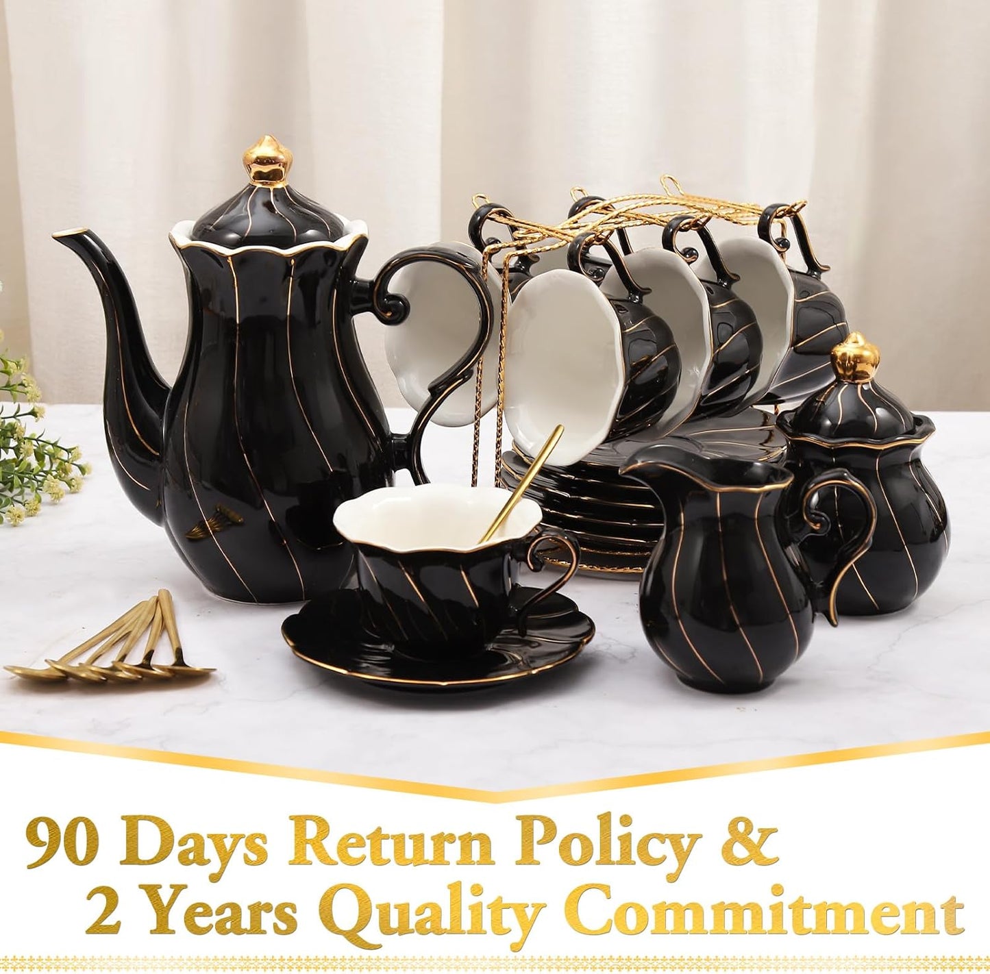 DUJUST 22 pcs Porcelain Tea Set for 6, Luxury British Style Tea/Coffee Cup Set with Golden Trim, Beautiful Tea Set for Women, Tea Party Set, Gift Package (Including a Stand) - Black