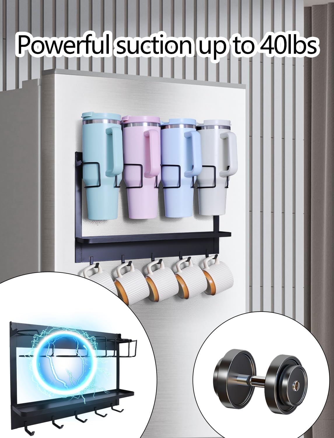 Multi-functional Magnetic Cup Holder ,Space Optimization Solution ,Suitable for Large Tumblers and Daily Items, Equipped with Drip Tray and Hooks, accommodates cups up to 40 oz,holds up to 40 lbs