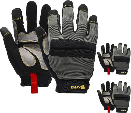 KAYGO Work Gloves For Men, KG125M Mechanic Utility Work Gloves for All Purpose, Excellent Grip, Heavy Duty, Improved Dexterity, Touch Screen,Large,3 Pair,M