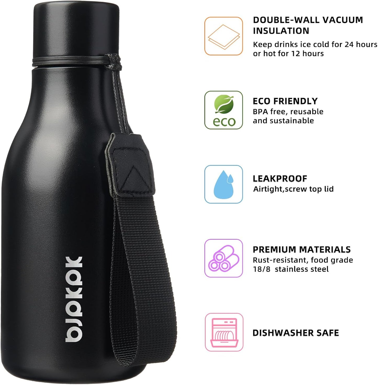 BJPKPK Insulated Water Bottles, 12oz Stainless Steel Metal Water Bottle with Strap, BPA Free Leak Proof Thermos, Mugs, Flasks, Reusable Water Bottle for Sports & Travel, Black