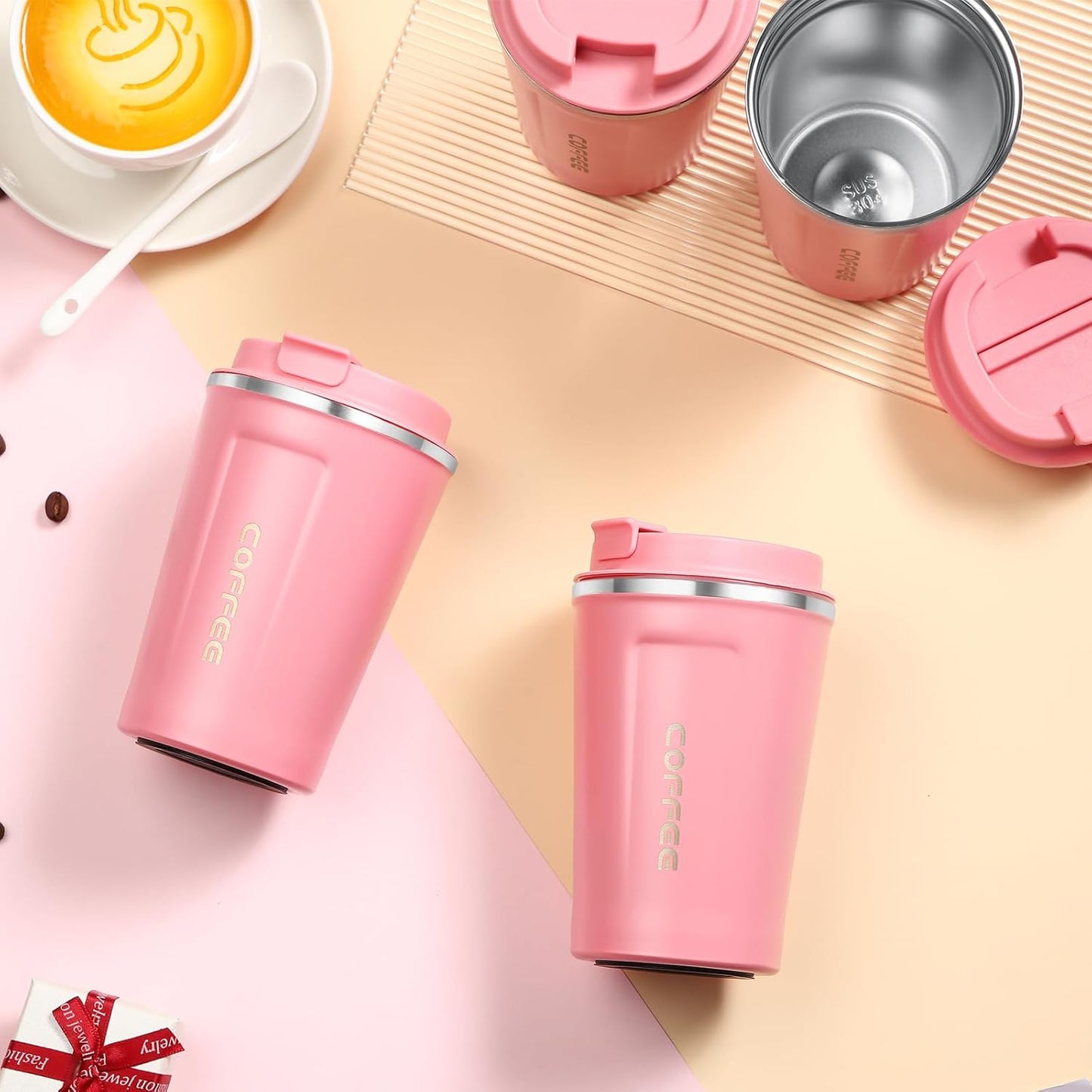 Sieral 4 Pcs 13 oz Travel Coffee Mug Insulated Reusable Coffee Cups with Leakproof Lid Stainless Steel Portable Tumbler for Keep Hot or Ice Milk Tea(Pink)
