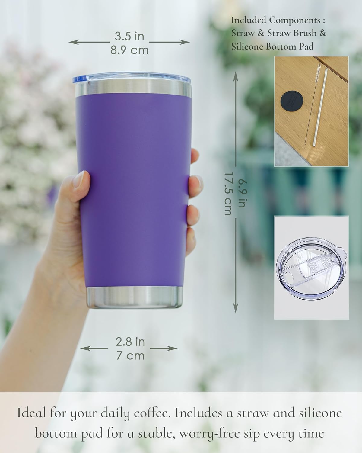 Travel Coffee Tumbler 20oz, 8 Pack Leakproof Travel Coffee Mug with Lid and Straw, Stainless Steel Double Wall Vacuum Insulated Tumbler for Hot/Iced Drinks (Textured Matte, Periwinkle)
