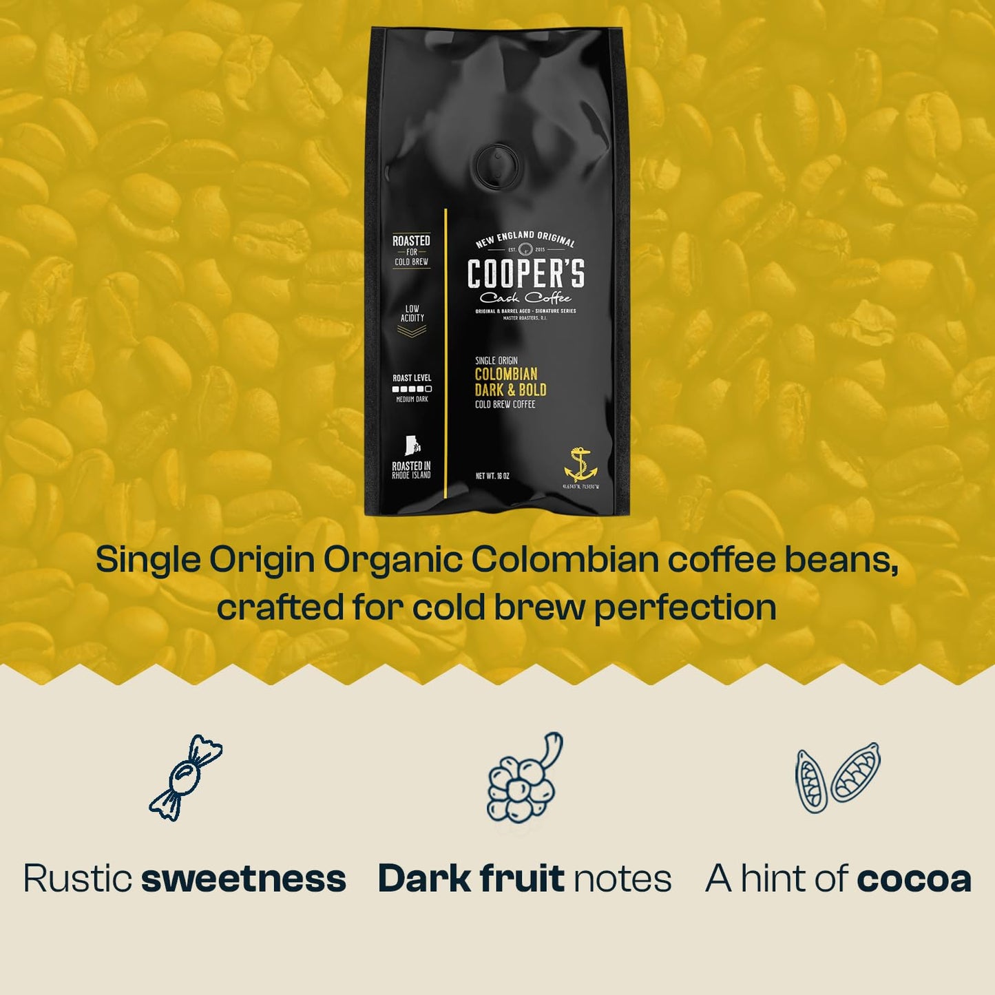 Cold Brew Coffee Colombian Reserve Single Origin Coarsely Whole Bean Coffee - 5 lb. Bag - Dark Roast