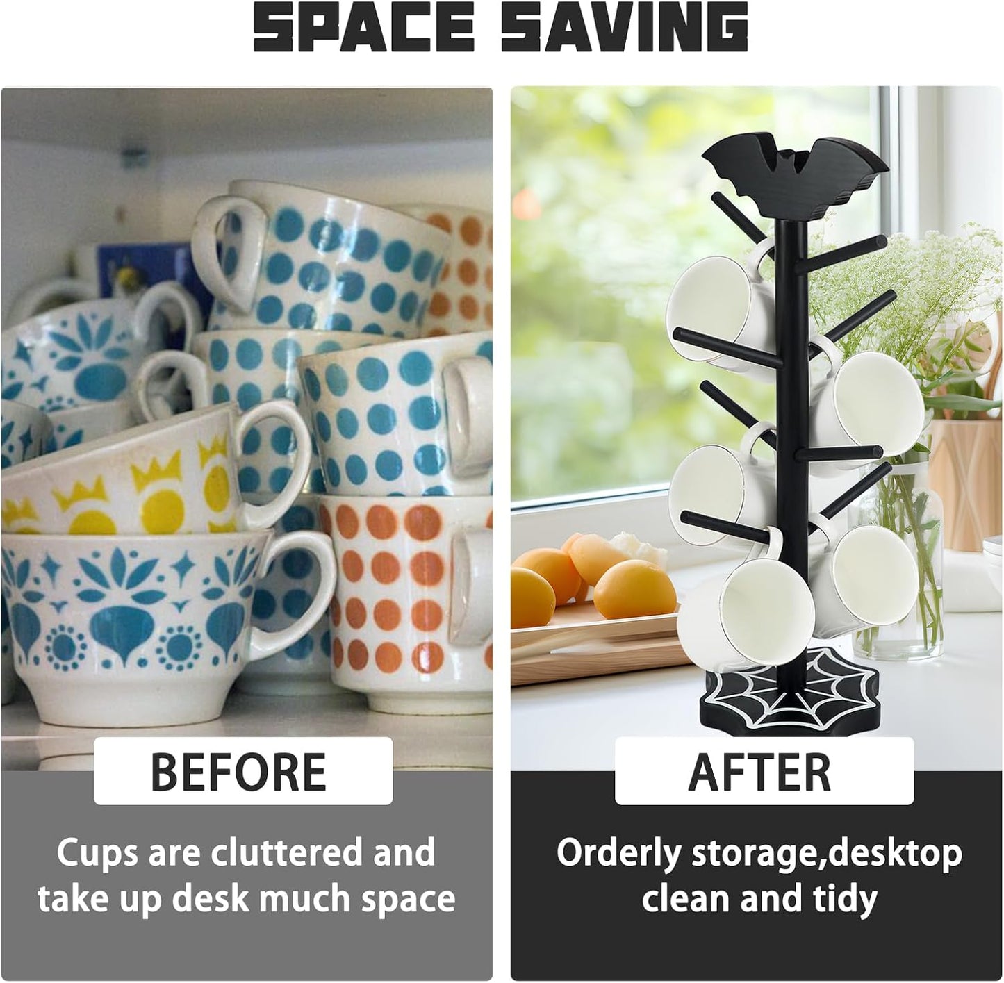 Bat Mug Holder Tree - 8 Hooks Coffee Mug Rack - Gothic Home Decor Wood Coffee Mug Tree for Countertop - Coffee Cup Holder for Halloween Kitchen Organizer & Coffee Bar Accessories (Spider Web)