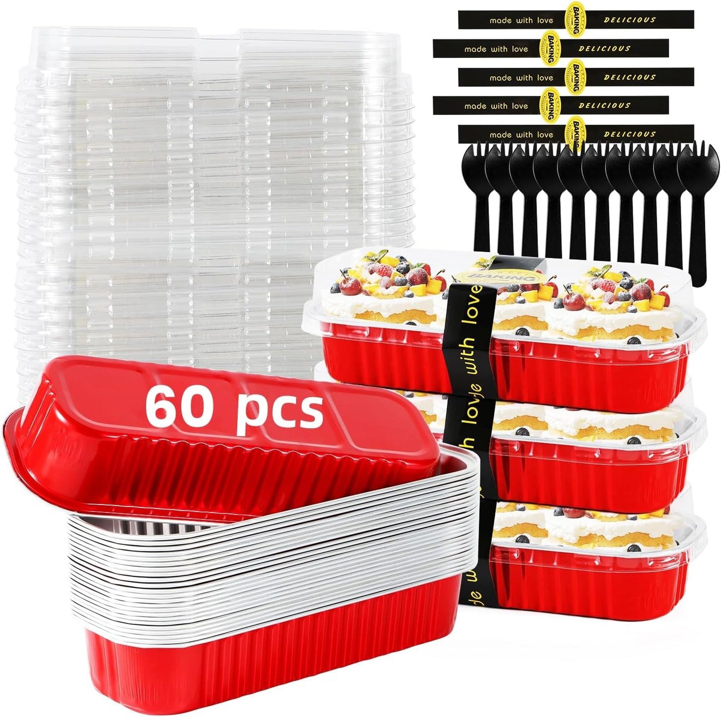 Mini Loaf Pans with Lids and Spoons Sealing Sticker,60 Pcs 6.8oz Cake Pans for Baking Disposable Aluminum Foil Red cake pan (60 PCS RED)