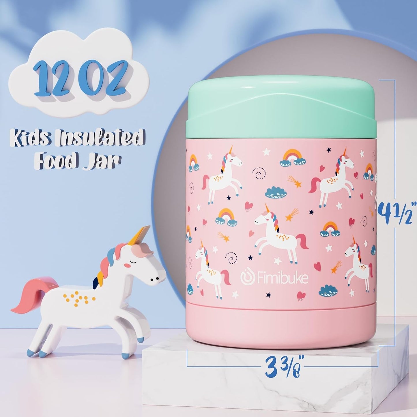 Fimibuke Insulated Kids Food Jar, 12 OZ BPA FREE Wide Mouth Stainless Steel Vacuum Thermos for Hot Cold Food for School Travel Leakproof Toddler Boy Girl Lunch Container Snack Cup for Fruits Veg Soup