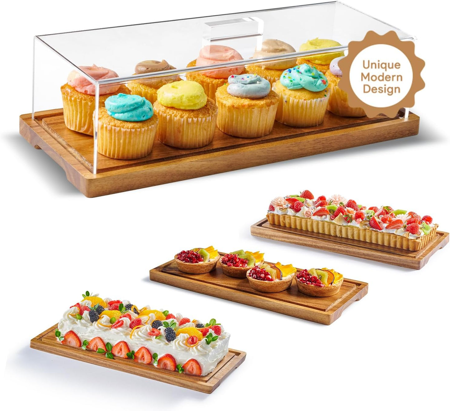 Cake Display with Lid – Acacia Wood Dessert Stand & Wooden Charcuterie Board with Lid for Loaf Cakes, Bread, Pastries, Cheese, Large Rectangle Wood Tray Platter & Acrylic Cover, 15 x 6.25”