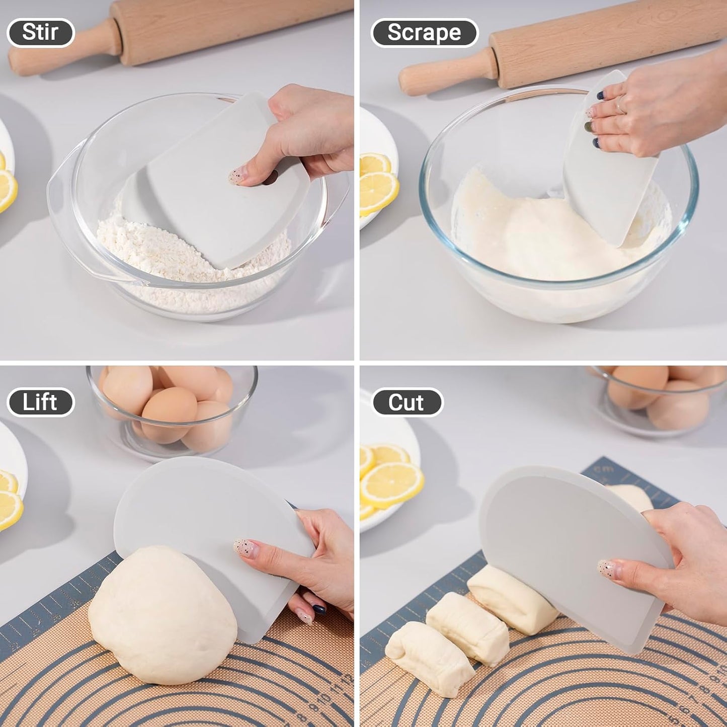 Sapid Flexible Curved Edge Silicone Bowl Scraper(5.98"x4.3"), Food Grade Dough Scraper for Baking Sourdough Bread, Cake, Multipurpose Kitchen Dish Scrapers, Easy to Clean (1, Gray)