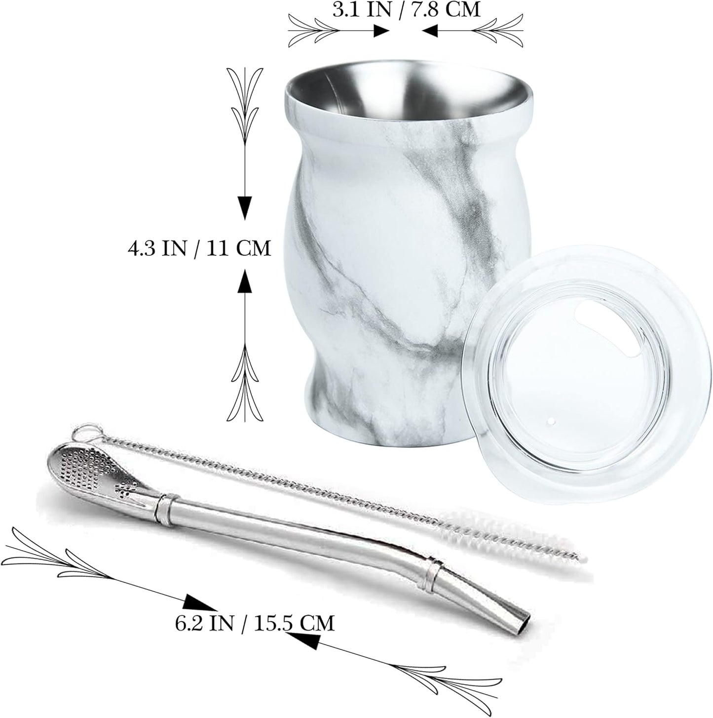 LA FEE Yerba Mate Natural Gourd/Tea Cup Set Brown (Original Traditional Mate Cup - 8 Ounces)，Includes Yerba Mate Straw & Cleaning Brush，Stainless Steel | Double-Walled | Easy to Clean (White)