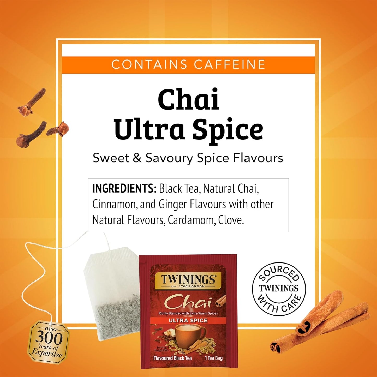 Twinings Chai Tea, Ultra Spice Chai Tea Bags with Cinnamon, Ginger, Cardamon, Clove for a Spicy Chai Tea Latte, 20 Tea Bags