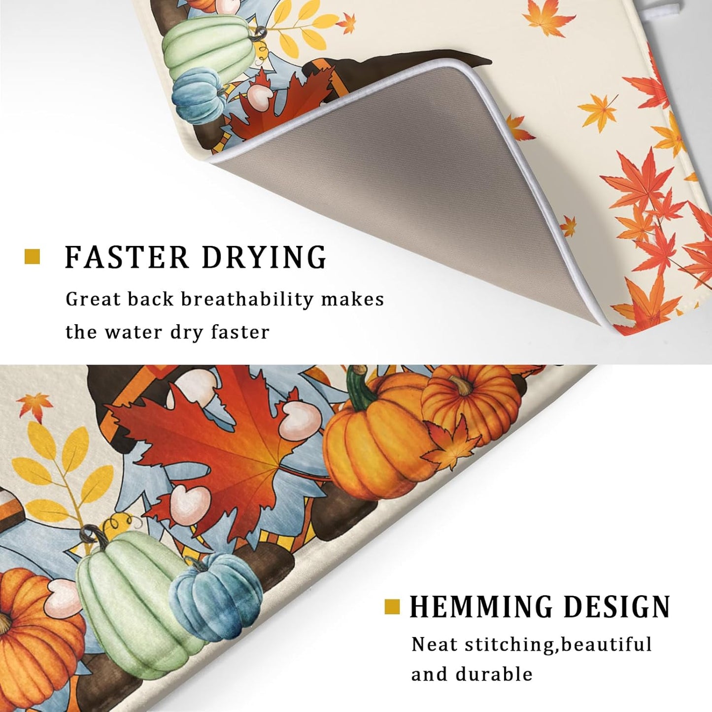 Fall Gnome Dish Drying Mat for Kitchen Counter Autumn Pumpkin Maple Leaves Dishes Pad Absorbent Fast Dry Dish Drainer Rack Mats 18x24 Inch Thanksgiving Day Drying Mats for Counter Accessories