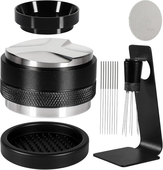 Espresso Accessories Kit 53mm, Coffee Distributor and Tamper Leveler, 316 Stainless WDT Tool with Magnetic Stand, Puck Scree and Dosing Funnel Set Fits Espresso Machine Press and 54mm Portafilters