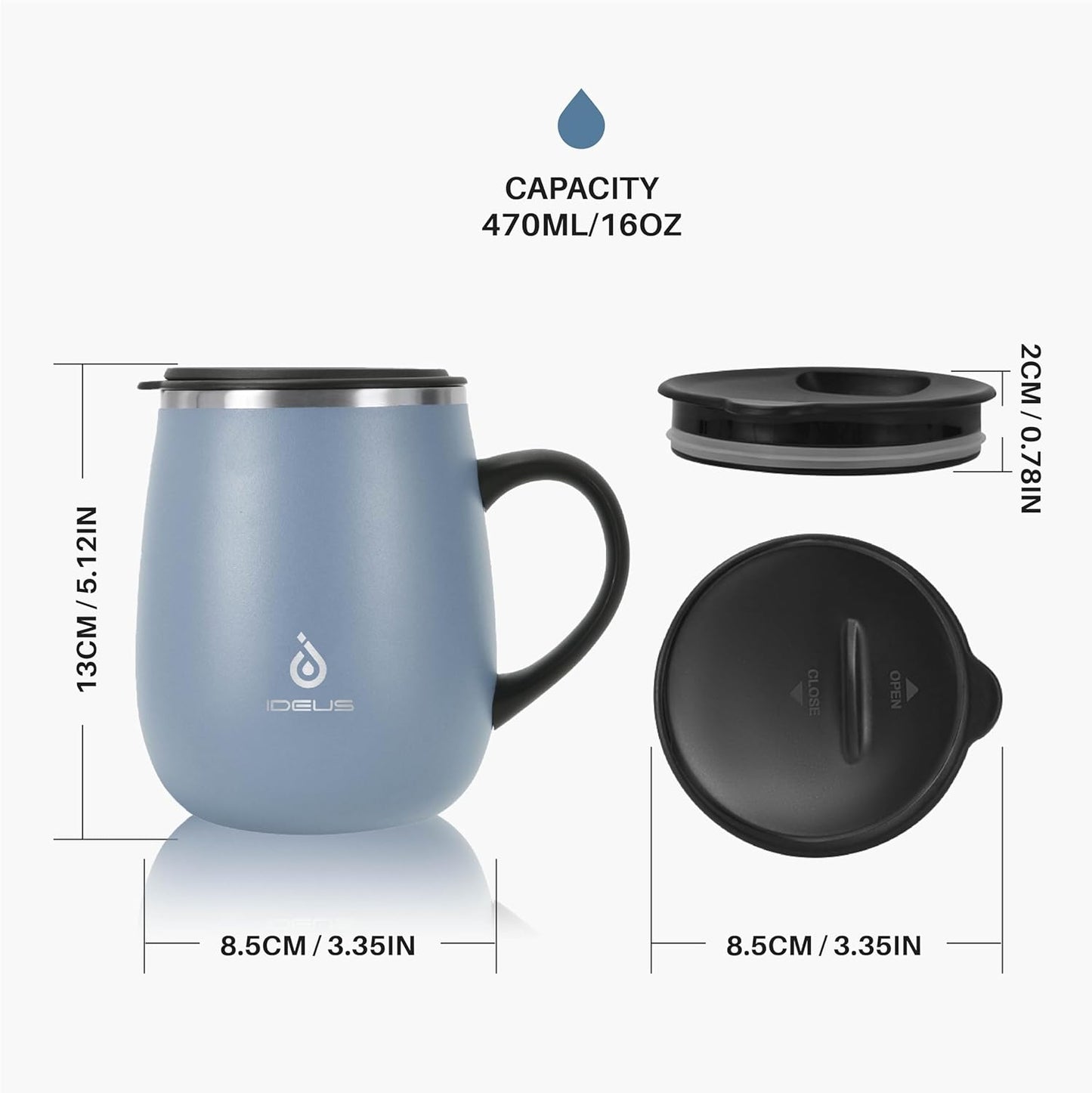 Ideus 16 oz (470 ml) Insulated Coffee Mug with Handle and Lid, Double Wall Stainless Steel Vacuum Thermal Coffee Mug, Travel Coffee Cup Thermal Cup for Home and Office (Ultimate Gray)