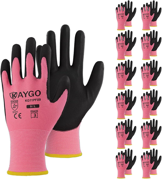 KAYGO Safety Work Gloves PU Coated-12 Pairs, KG11P Seamless Knit Glove with Polyurethane Coated Smooth Grip on Palm & Fingers, for Men and Women, Ideal for General Duty Work,Pink,Large