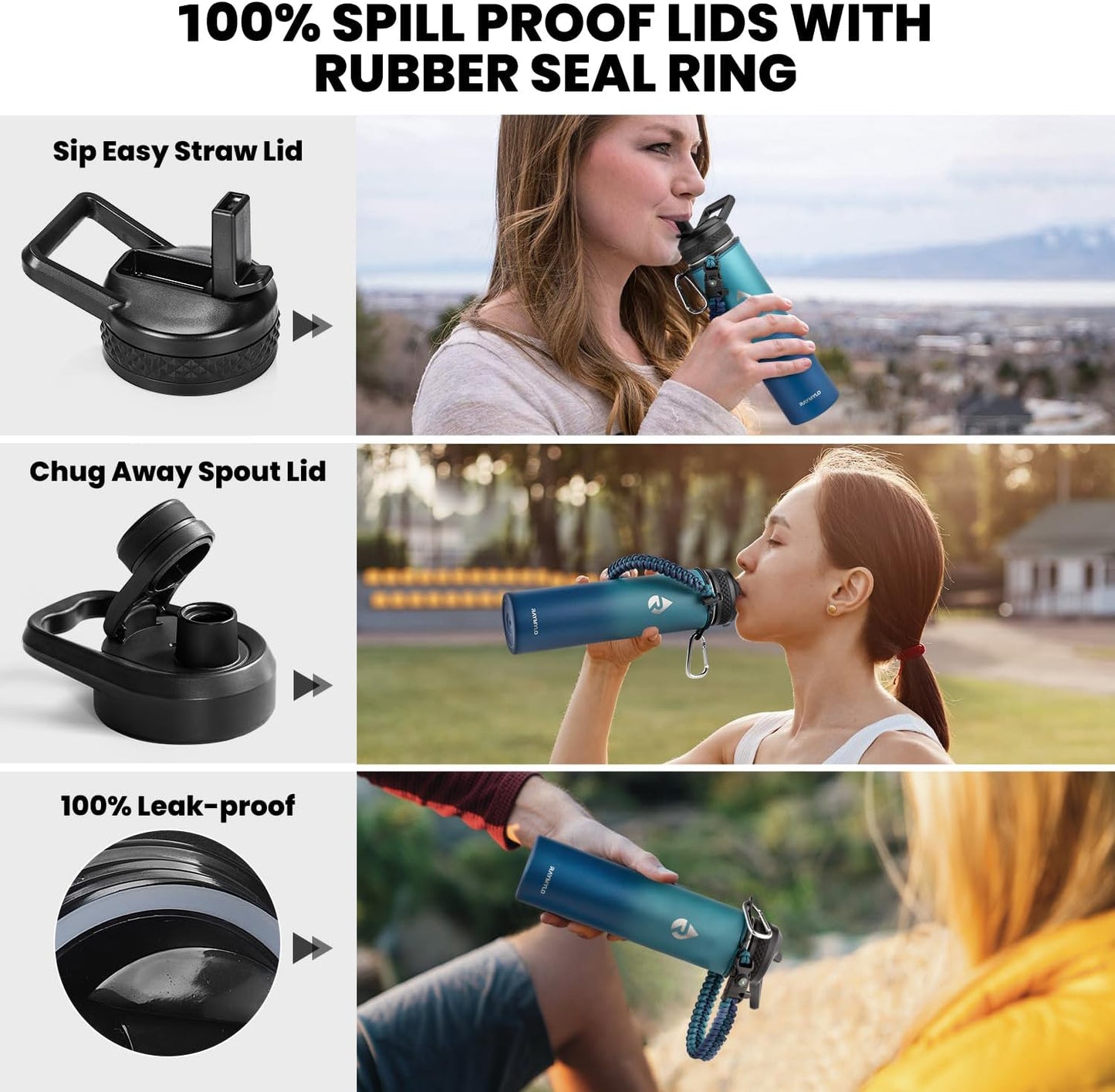 Insulated Water Bottle 24oz, Triple Wall Vacuum Stainless Steel (Cold for 48 Hrs, Hot for 24Hrs), Leak Proof & Non-BPA, 24oz Hydro Water Flask with Paracord Handle & Straw Spout Lids