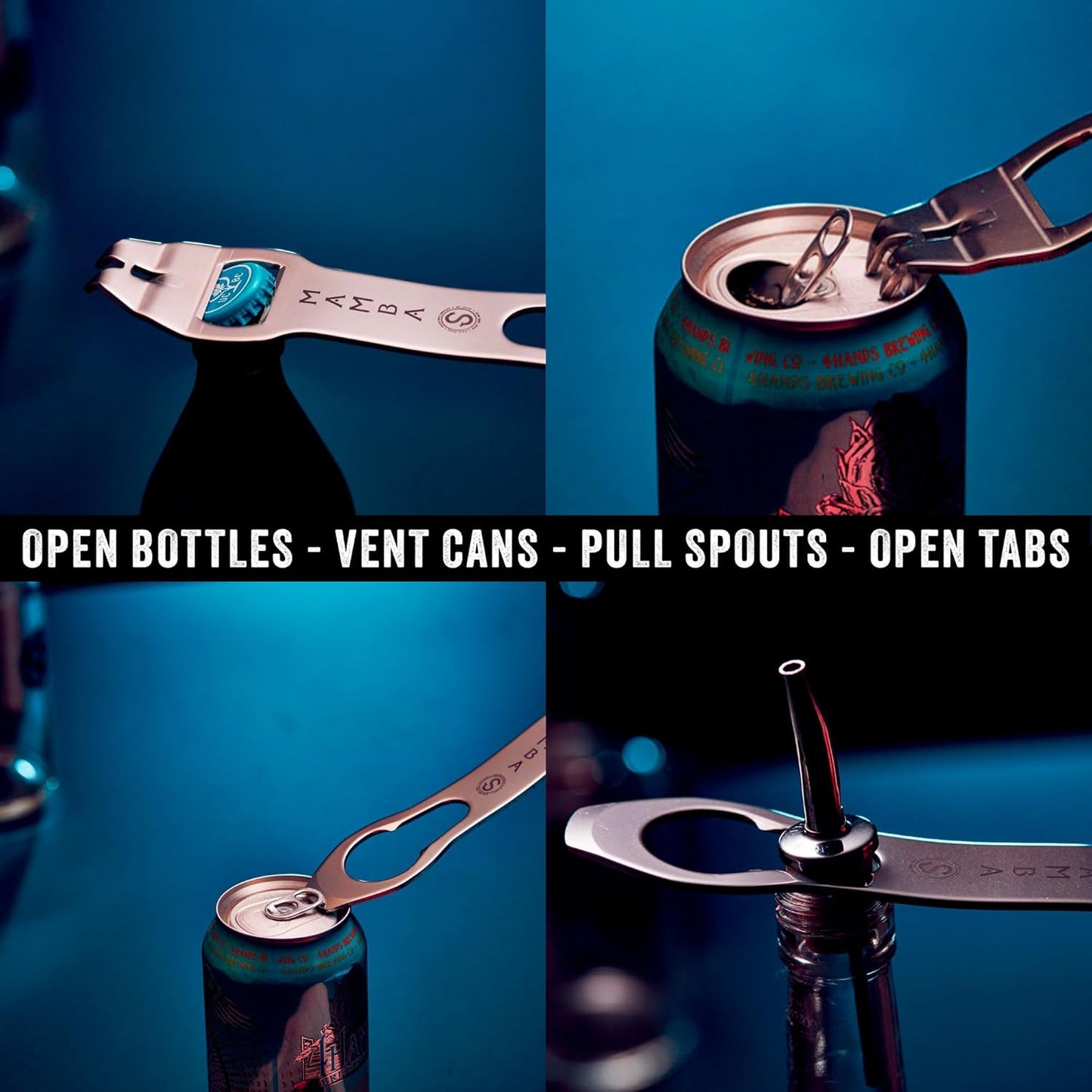 The Mamba Bottle Opener & Bartending Tool – 100% USA-Made, Patented Stainless Steel Bar Key – Flat Bottle Opener for Bartenders, Pour Spout Remover, Church Key Can Punch by Snake Bite