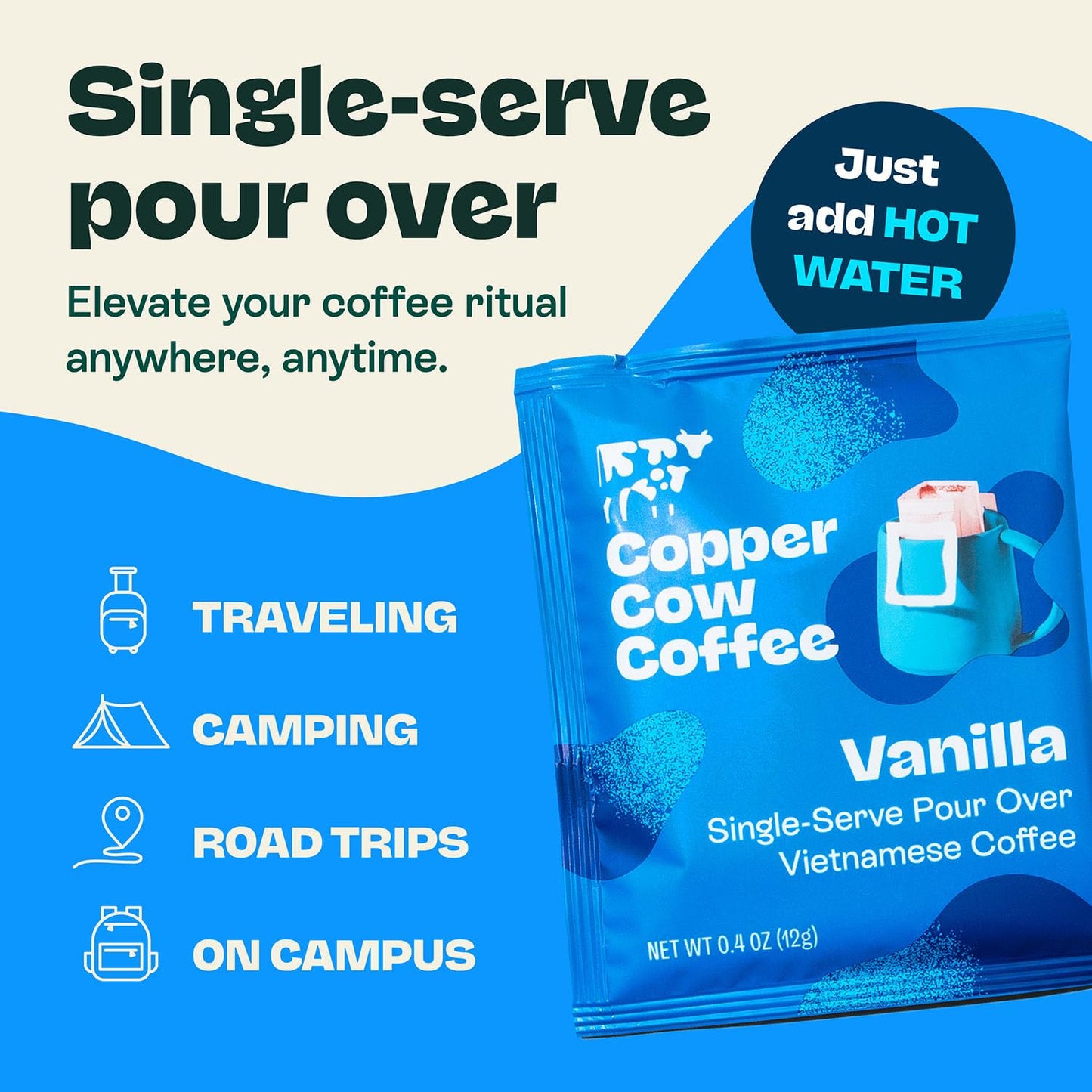 Copper Cow Premium Pour Over Single-Serve Vietnamese Coffee | Vanilla | Dark Roast | Flavored with Vanilla Beans | Includes 16 Coffees