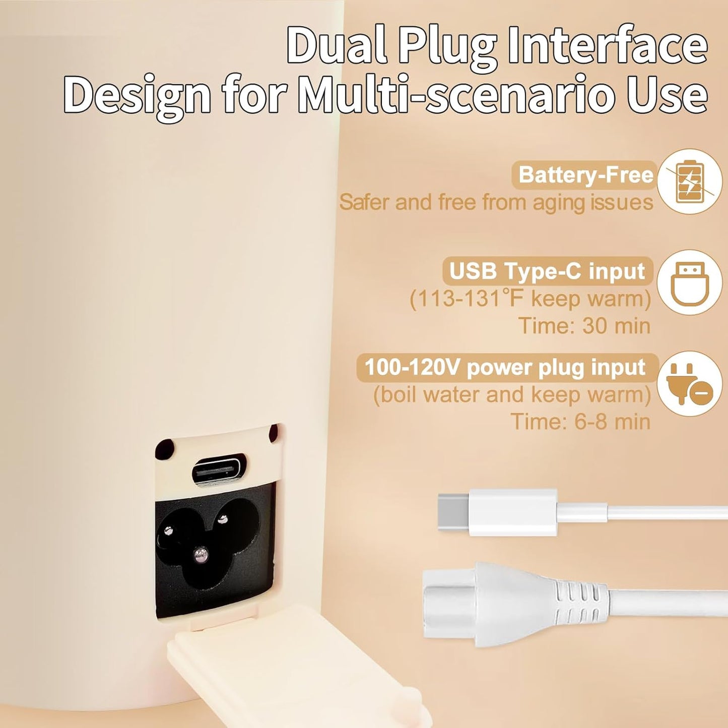 Travel Mini Kettle Portable Electric Kettle with Plug-in Boiling & Keeps Warm via USB, Small Water Boiler with 4 Temperature Settings, 304 Stainless Steel with Auto Shut-off 16oz(Beige)