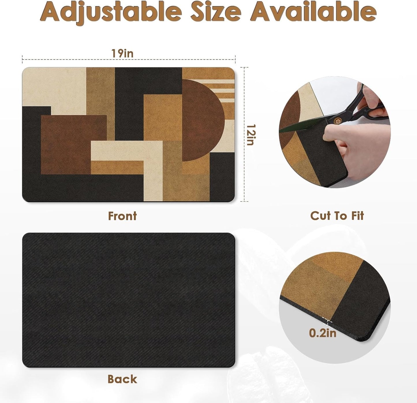 Arttown Coffee Mat for Countertops, Retro Ethnic Geometric Modern Black Brown Dish Drying Mat 2 Pcs for Kitchen Bar Accessories, Coffee Maker Espresso Machine Dish Rack Hide Stain Rubber 12x19in