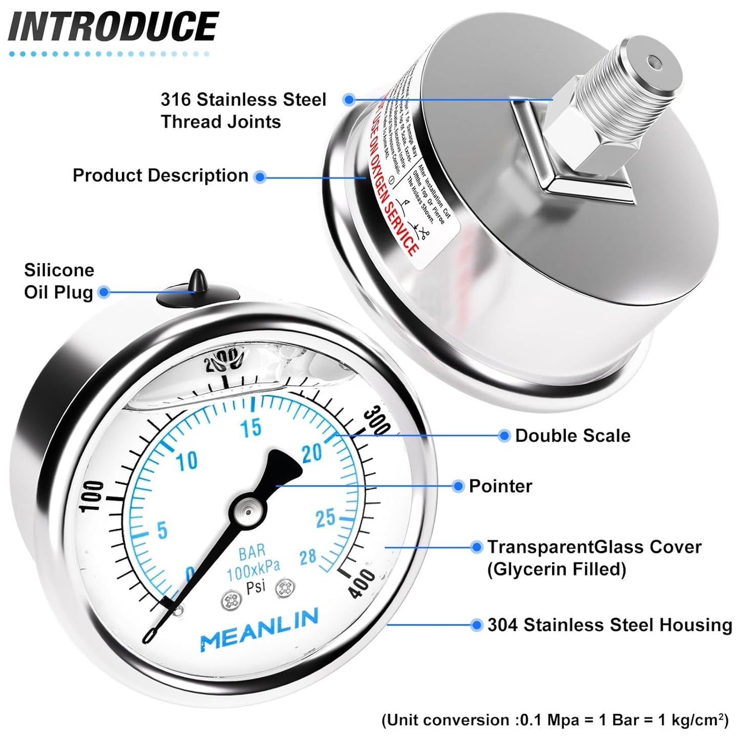 MEANLIN MEASURE 0~400Psi Liquid Filled Pressure Gauge Stainless Steel with 316 Stainless Steel Joint 1/4" NPT 2.5" FACE DIAL for Air Compressor Air Regulator Water Filter Center Back Mount