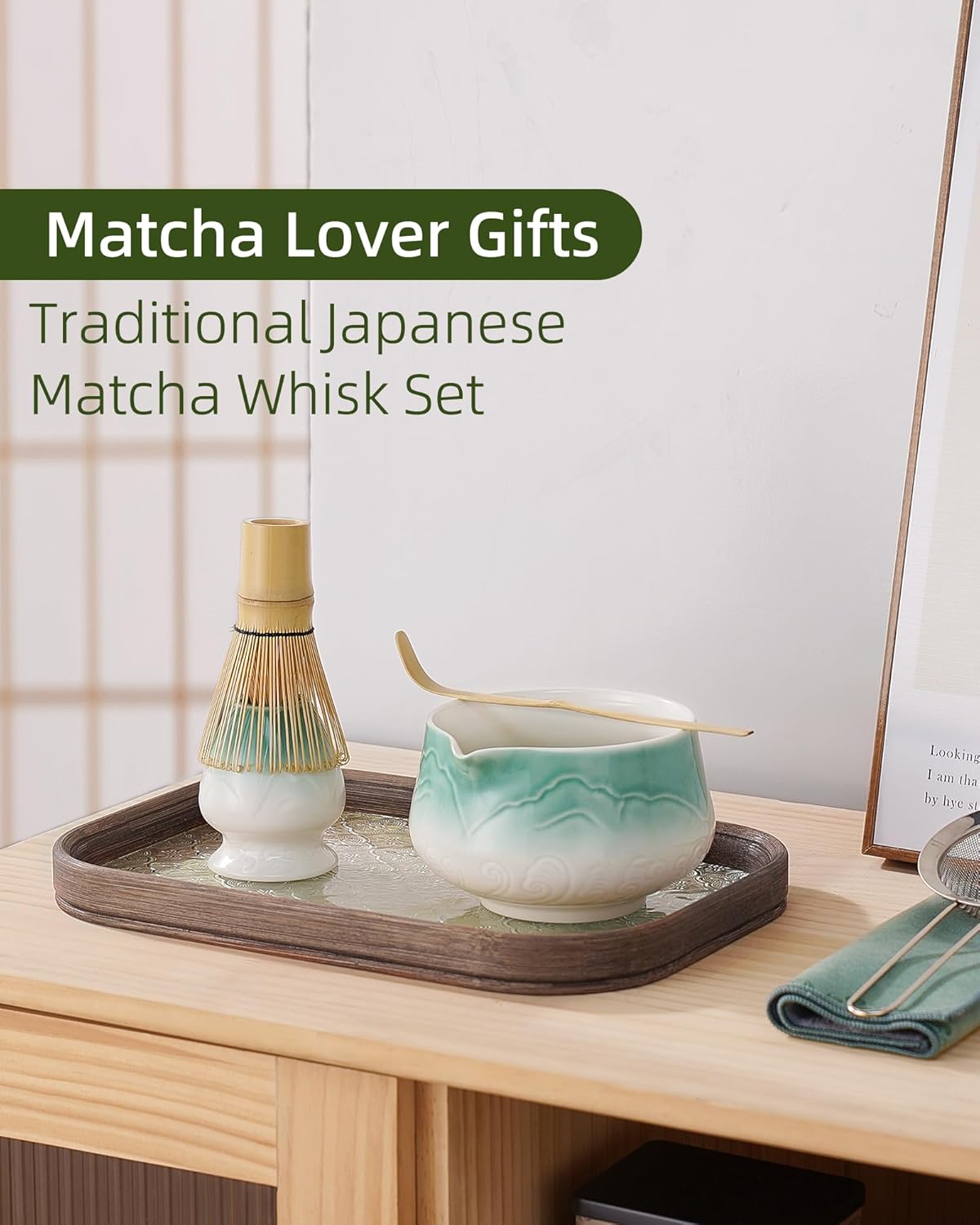 ZENS Matcha Whisk Set, Ceramic Matcha Set Includes Matcha Bowl, Matcha Whisk and Holder, Bamboo Scoop & Tea Towel - 5Pcs Matcha Kit for Matcha Ceremony, Blue