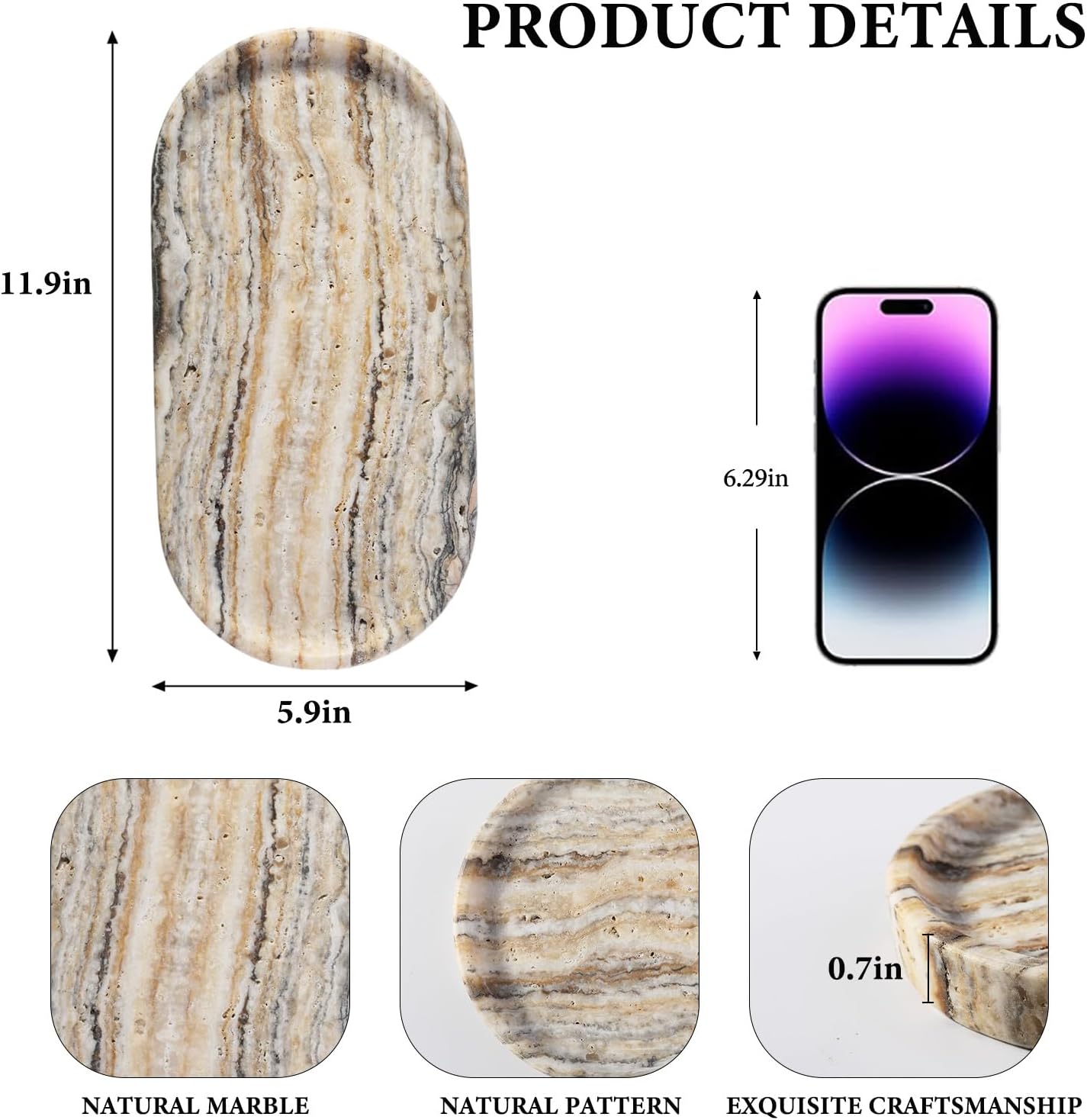 Koville Natural Marble Bathroom Tray for Decor Countertop, Marble Vanity Tray for Candles Perfume, Jewelry, Cosmetics, Stone Decorative Trays for Dresser Organizer(White Traonyx)