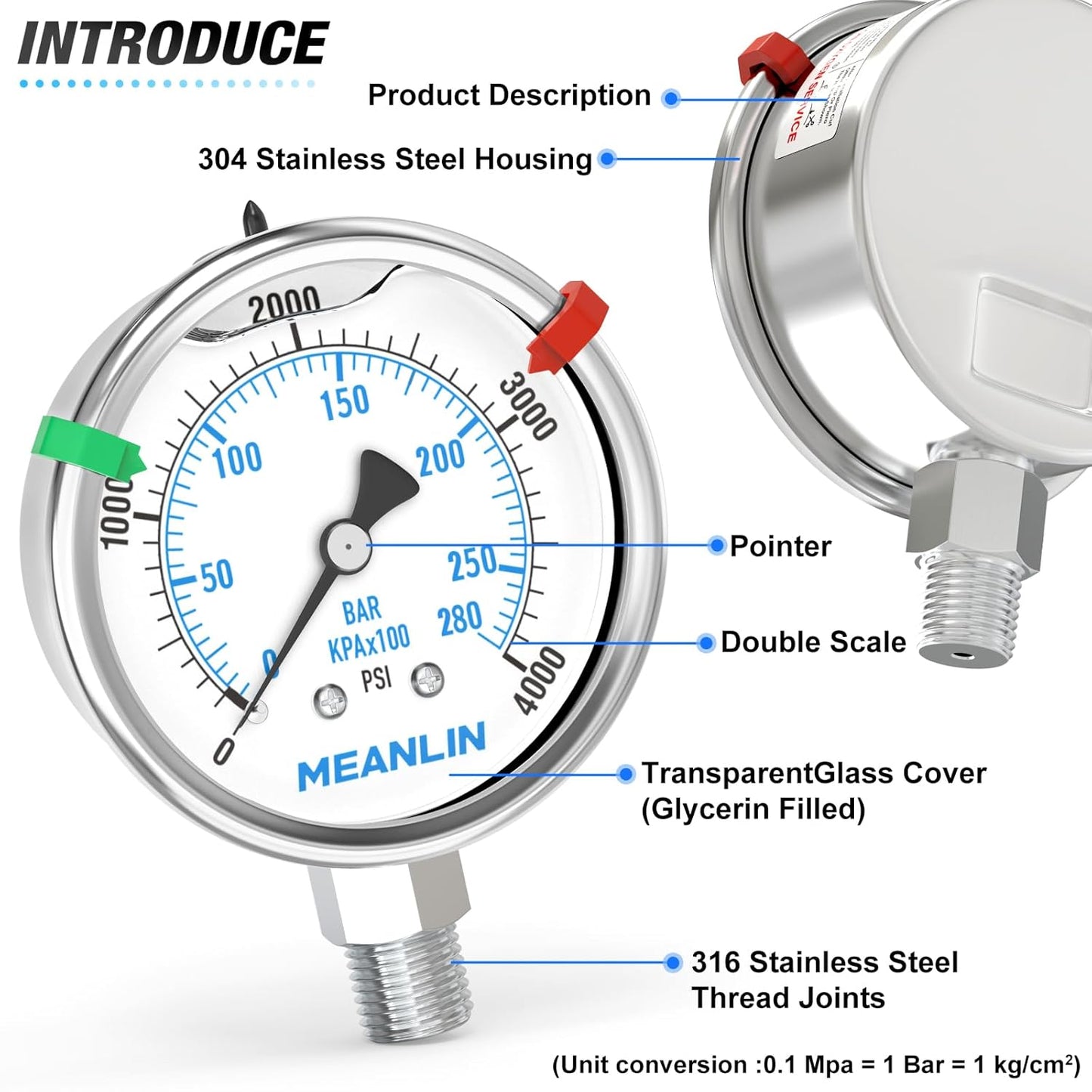 MEANLIN MEASURE 0~4000Psi Stainless Steel Liquid Filled Pressure Gauge 2.5" FACE DIAL 1/4" NPT for WOG Water Oil Air Lower Mount with Stainless Steel Hex Bushing and Snaps