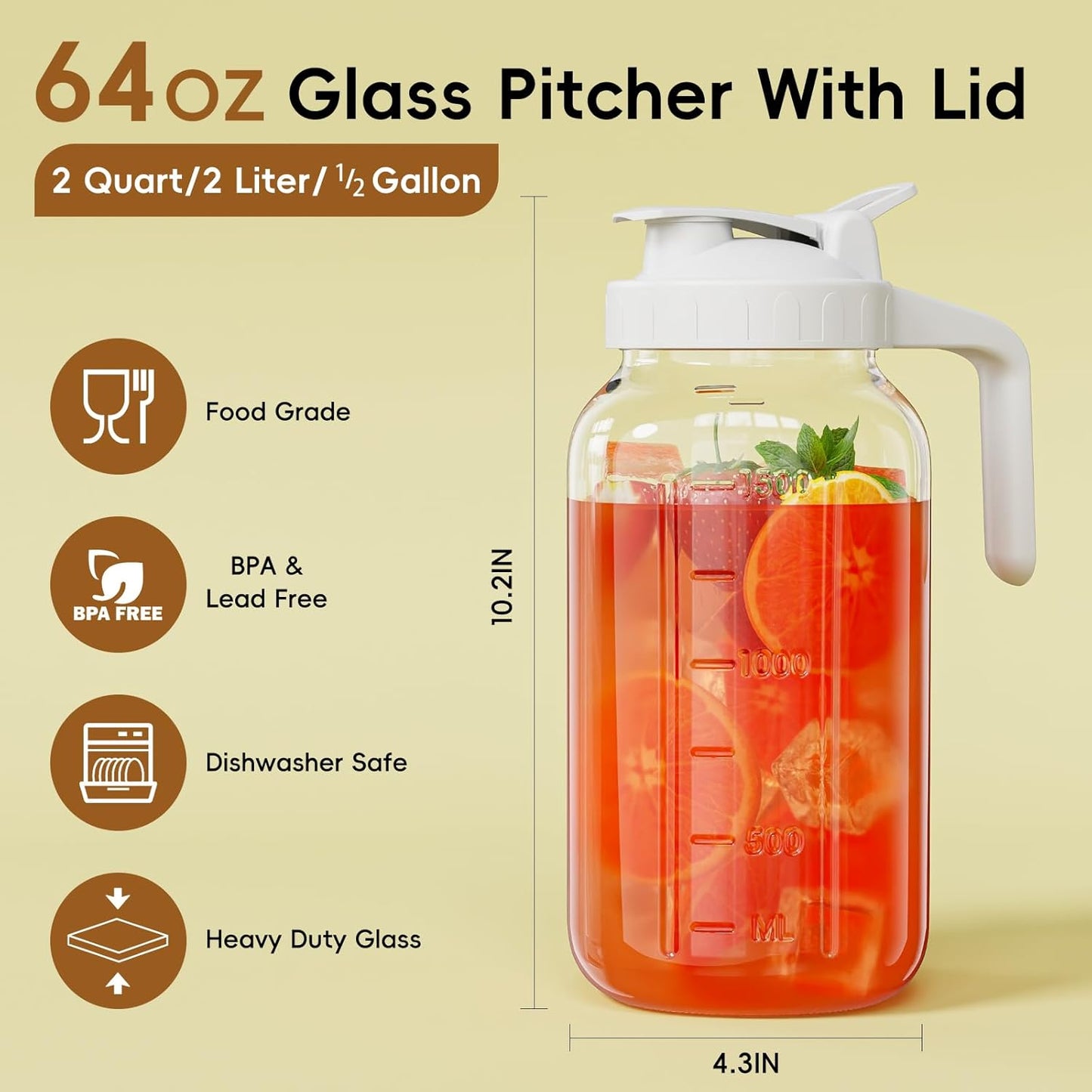 Glass Mason Jar Pitcher, 64 oz Wide Mouth Jug with Pour Spout Handle Lid for Cold Brew Coffee, Ice Beverage, Iced Juice, Lemonade, Sun Tea, Fruit Drinks Container（White）
