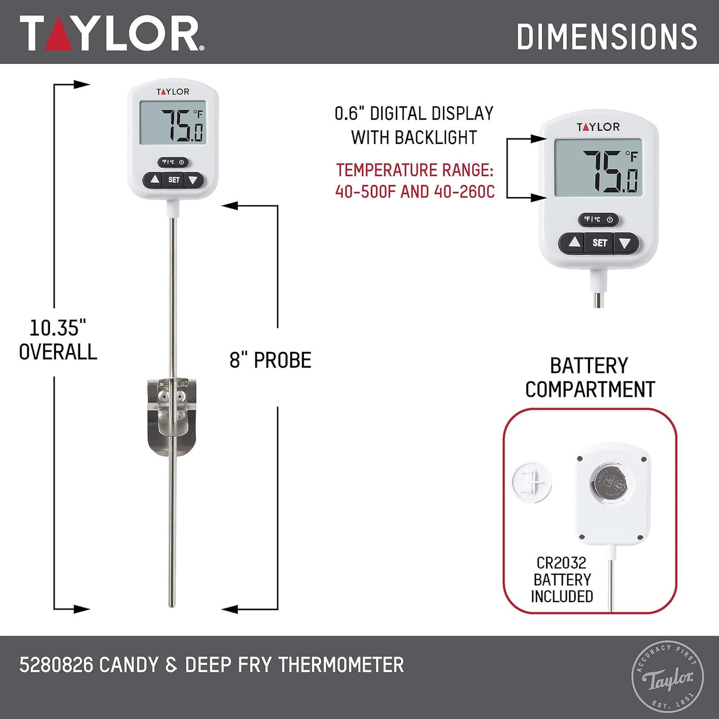 Taylor Programmable Digital Candy and Deep Fry Thermometer with Green Light Alert Display, Long Stem, and Adjustable Pan Clip, White