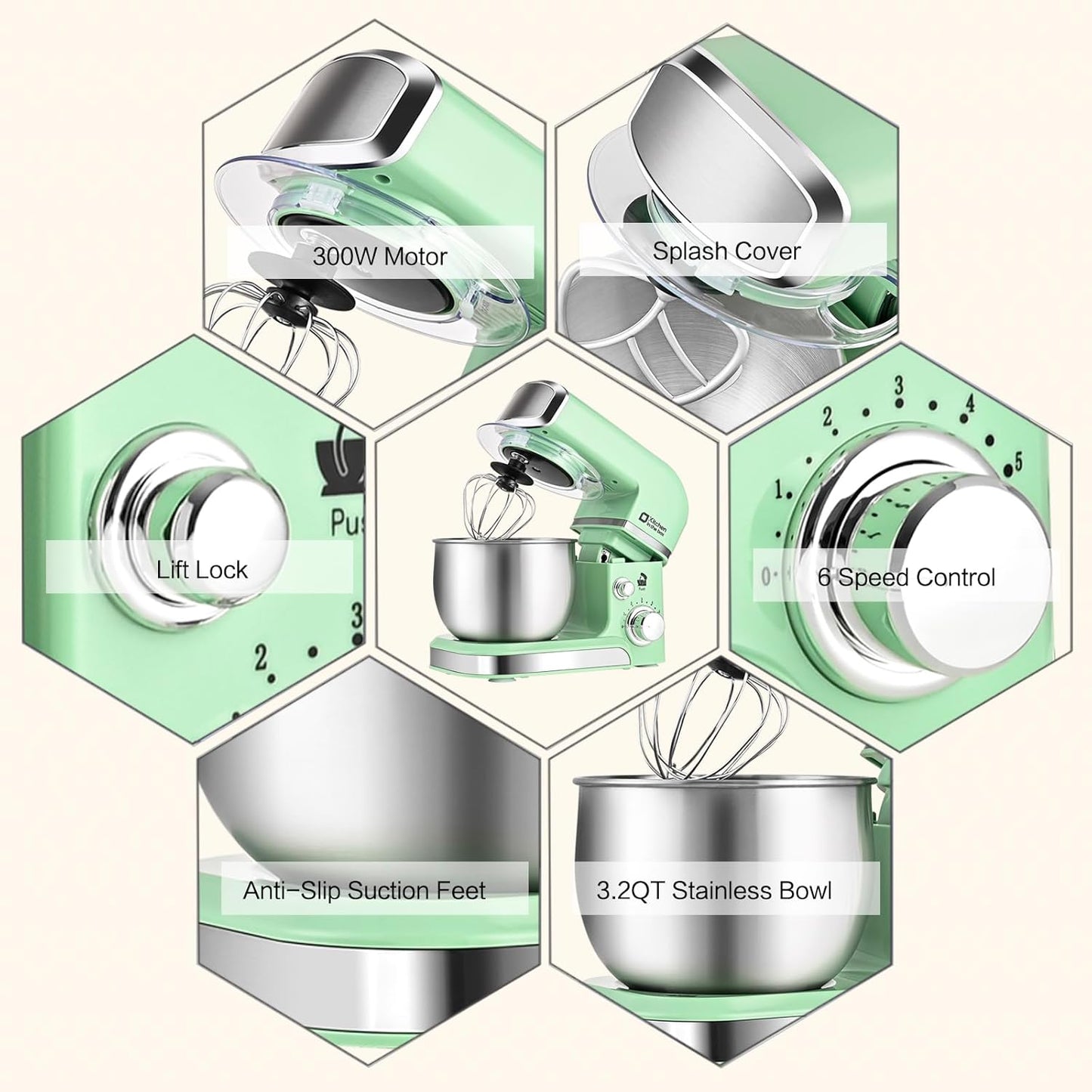 Kitchen in the box Stand Mixer,3.2Qt Mini Electric Food Mixer,6 Speeds Portable Lightweight Kitchen Mixer for Daily Use with Egg Whisk,Dough Hook,Flat Beater (Green)