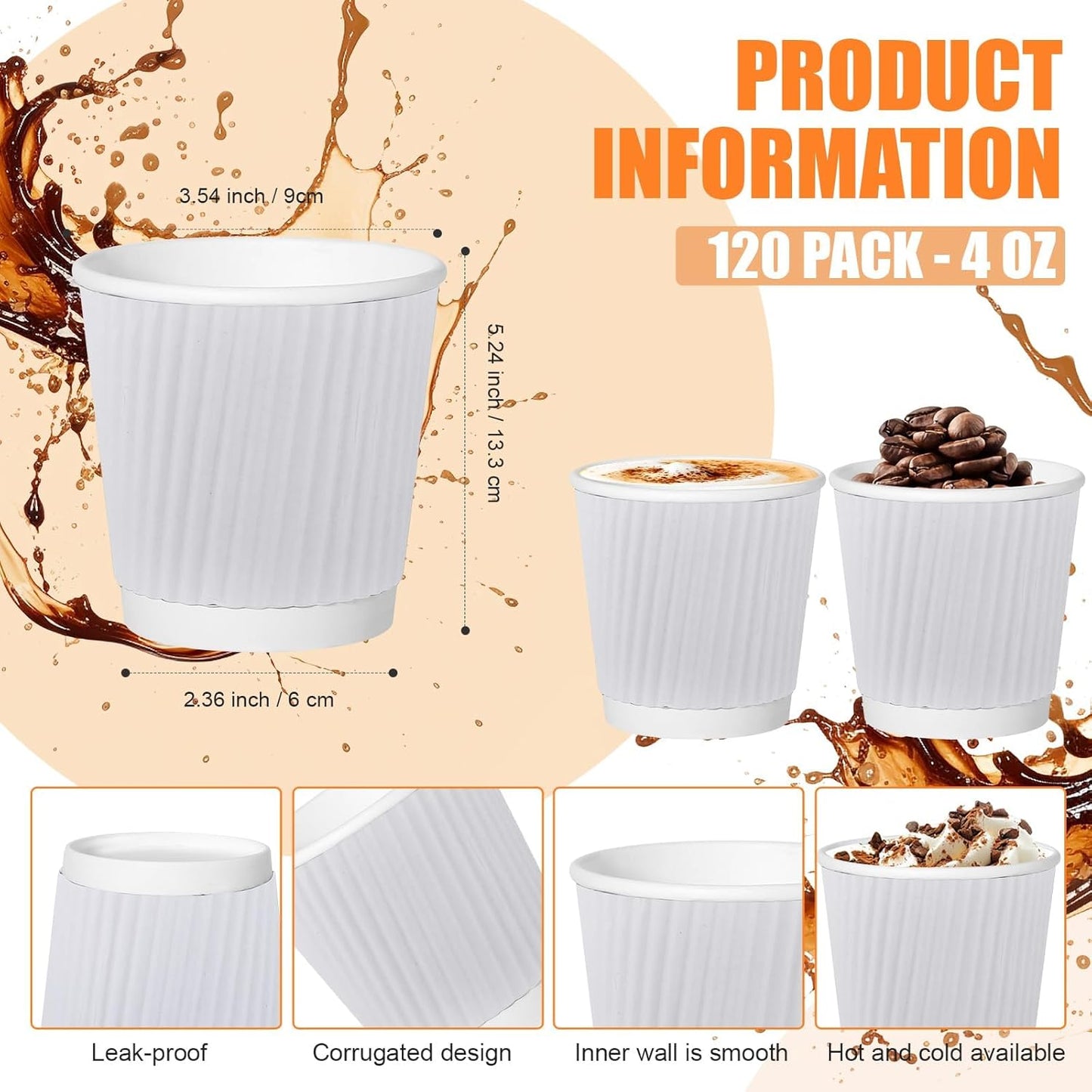 500 Pack Paper Espresso Coffee Cups,4 oz Disposable Coffee Cups,Corrugated Insulated Ripple Wall, Paper Ripple Cup for Coffee, Hot Chocolate and Hot Tea Drinks -White