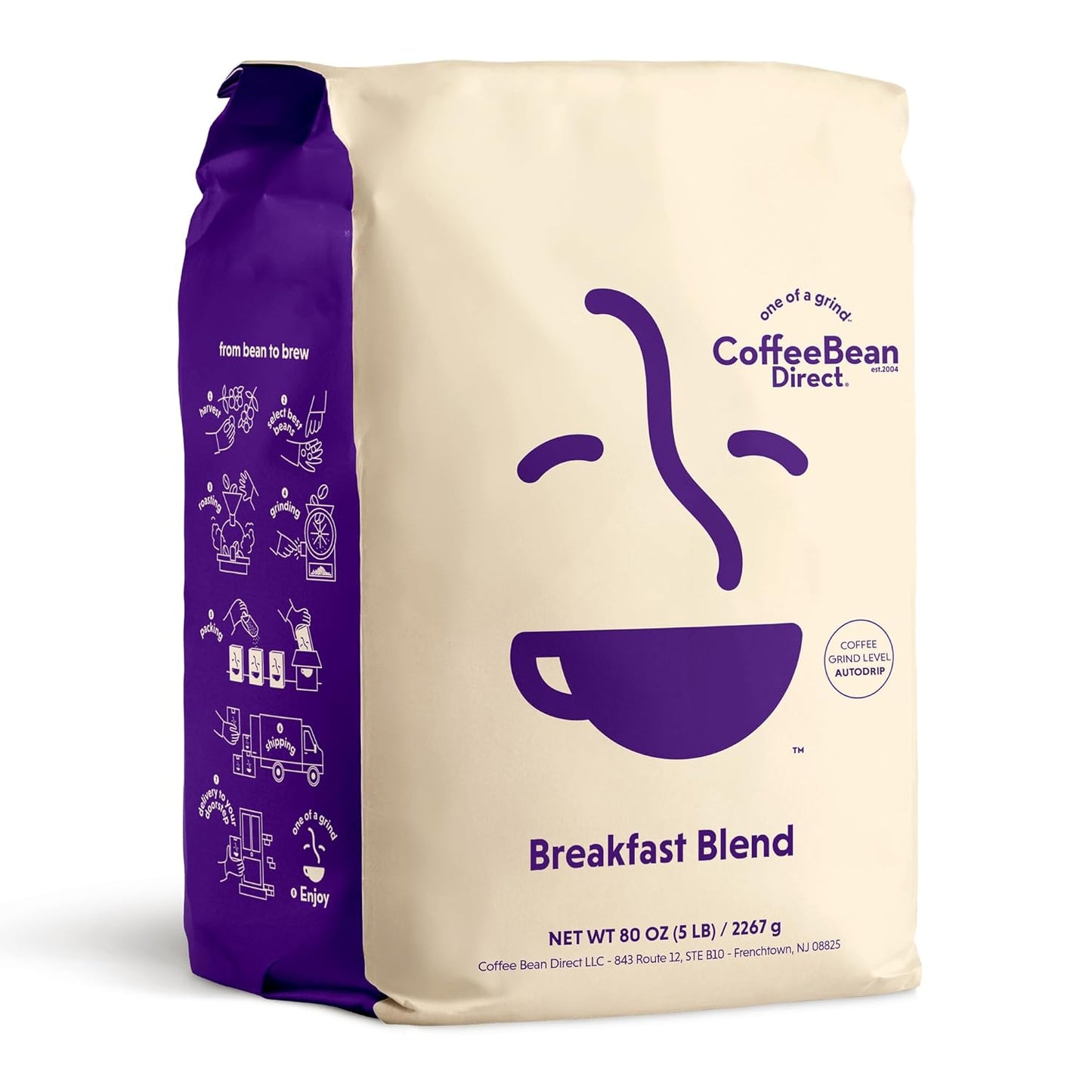 Coffee Bean Direct Breakfast Blend, Ground Coffee, Mild and Mellow, Mixed Roast Level, 5 Pound Bag (Pack of 1)