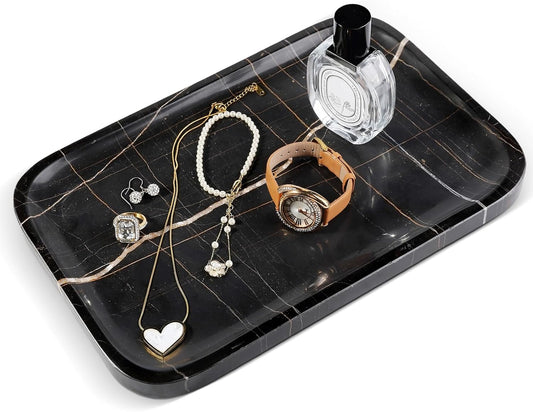 Koville Marble Tray, 12"x8" Marble Vanity Tray for Bathroom Kitchen Countertop, Rectangular Stone Tray for Cosmetics Perfume Trinket, Decorative Catchall Trays (Black)