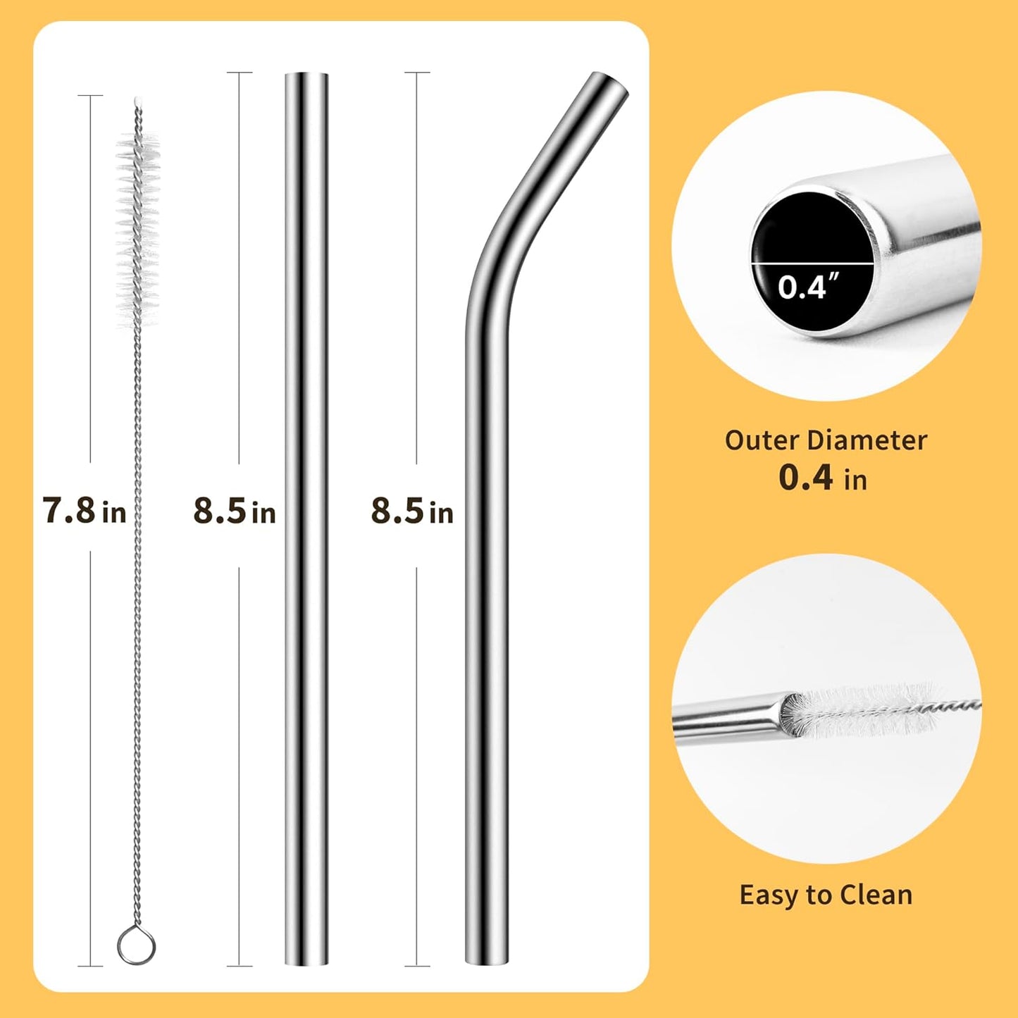 Stainless Steel Smoothie Straws-0.4" Extra Wide Reusable Metal Drinking Straws for Milkshake, Bubble Tea, Beverage, 6 Pack Metal Straw with Cleaning Brush
