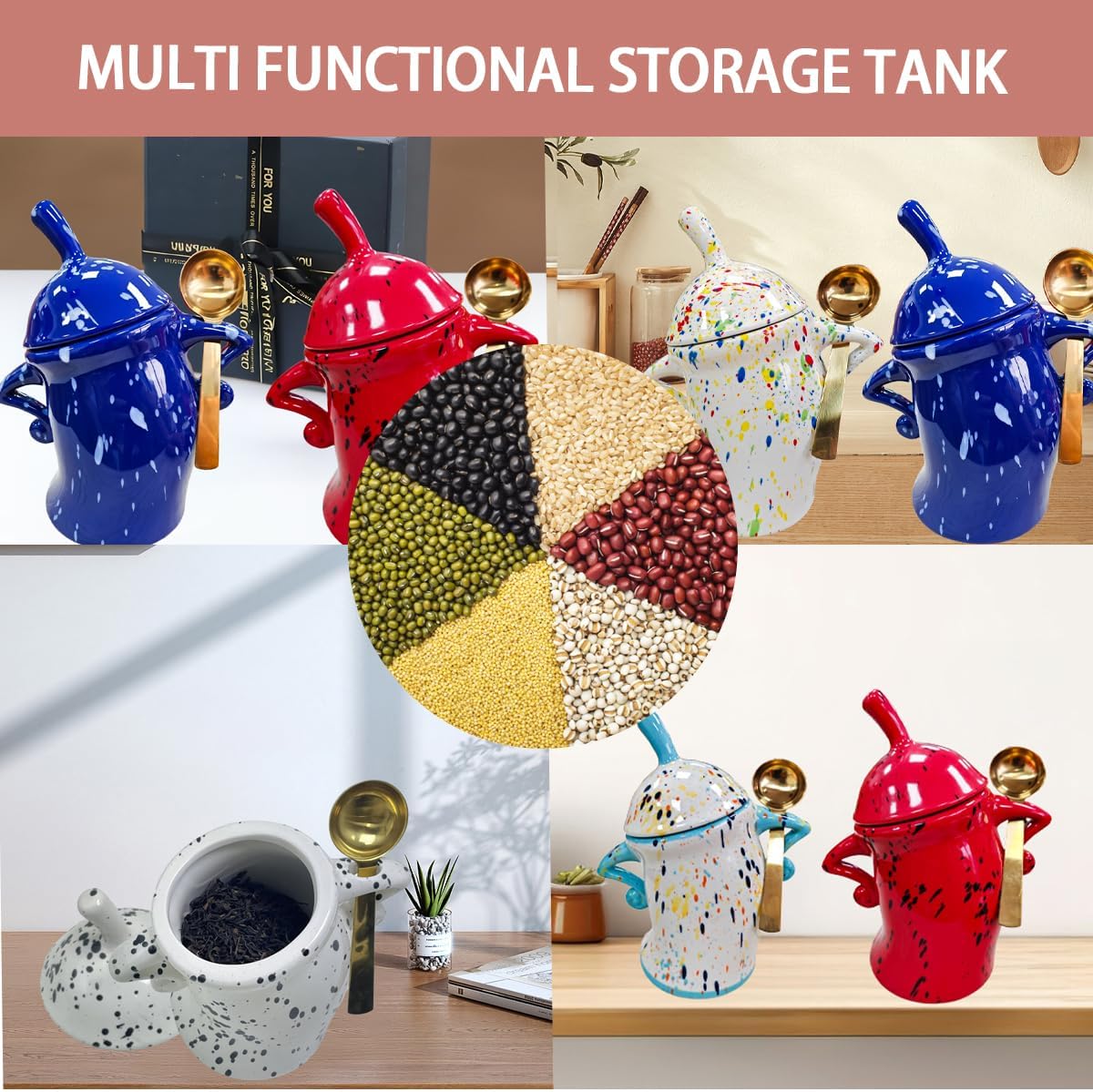 Canister With Attitude - 1.2L Ceramic Storage Jar with Lid, Airtight Kitchen Canisters Set for Coffee, Sugar & Tea | Farmhouse Flour Sugar Storage Container, Handmade with Spoon Rest (Black + White)