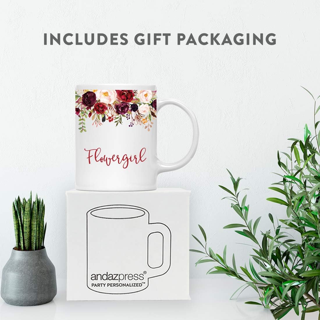 Andaz Press 11oz. Wedding Ceramic Coffee Tea Mug Gift, Fall Autumn Marsala Burgundy Flowers Roses Florals, Flowergirl, 1-Pack, Includes Gift Box