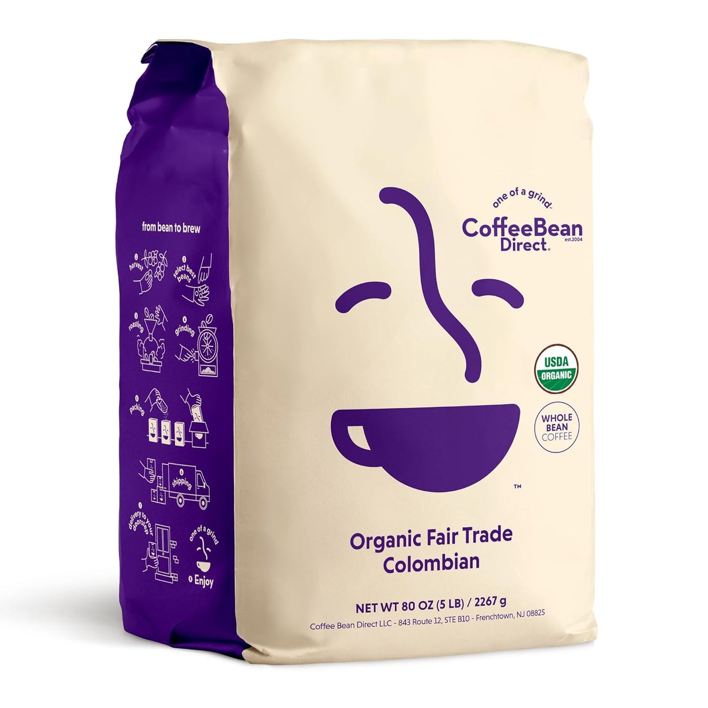 Coffee Bean Direct Organic Fair Trade Colombian, Whole Bean Coffee, Light Roast, 5 Pound Bag (Pack of 1)