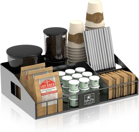 Metal Coffee Station Organizer for Countertop - Coffee Bar Organizer with Designable DIY Logo, K Cup Pods Holder & Tea Condiment Storage - Rustic Breakroom Kitchen Decor in Balck