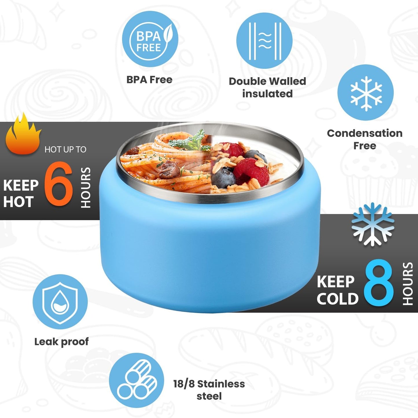 Soup Thermo for Hot Food Kids 13.5oz Lunch Containers with Buckle Lid Wide Mouth Hot Food Jar Vacuum Insulated Stainless Steel Bento Box Leakproof with Spoon(Blue)