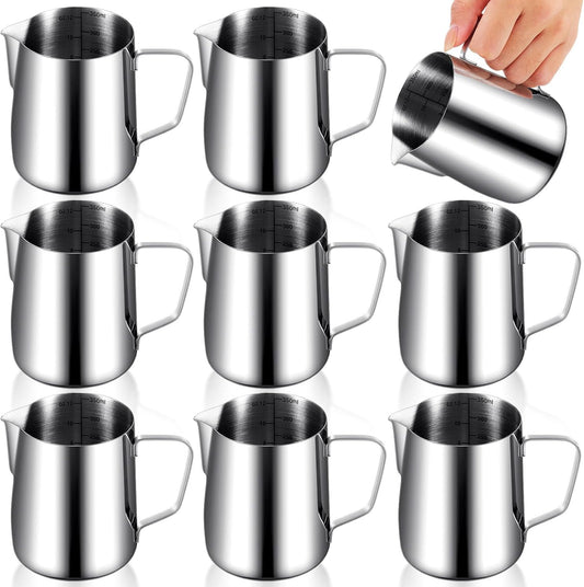 Dandat 8 Pcs Milk Frothing Pitcher Espresso Steaming Pitchers 12 Oz Stainless Steel Milk Steamer Cup Frother Jug for Espresso, Latte Art, Chai Cappuccino Hot Chocolate