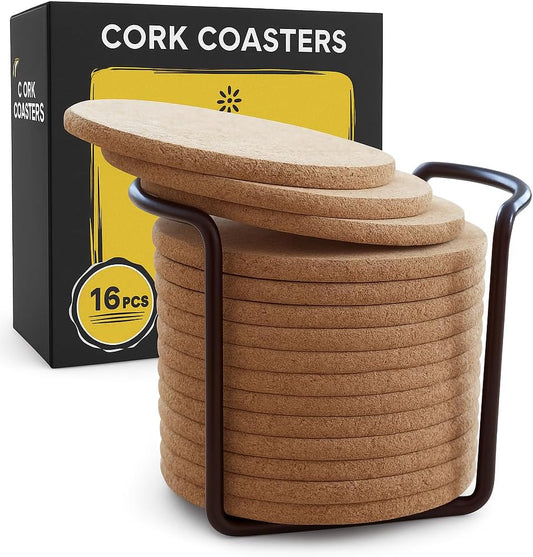 Cork Coasters for Drinks with Metal Holder - 16 Pcs Round 4 inch Drink Coaster Thick Absorbent Heat-Resistant Saucer - Used for Cold Hot Beverages Glasses Mugs Cups Plants Apartment Decor Bar Table