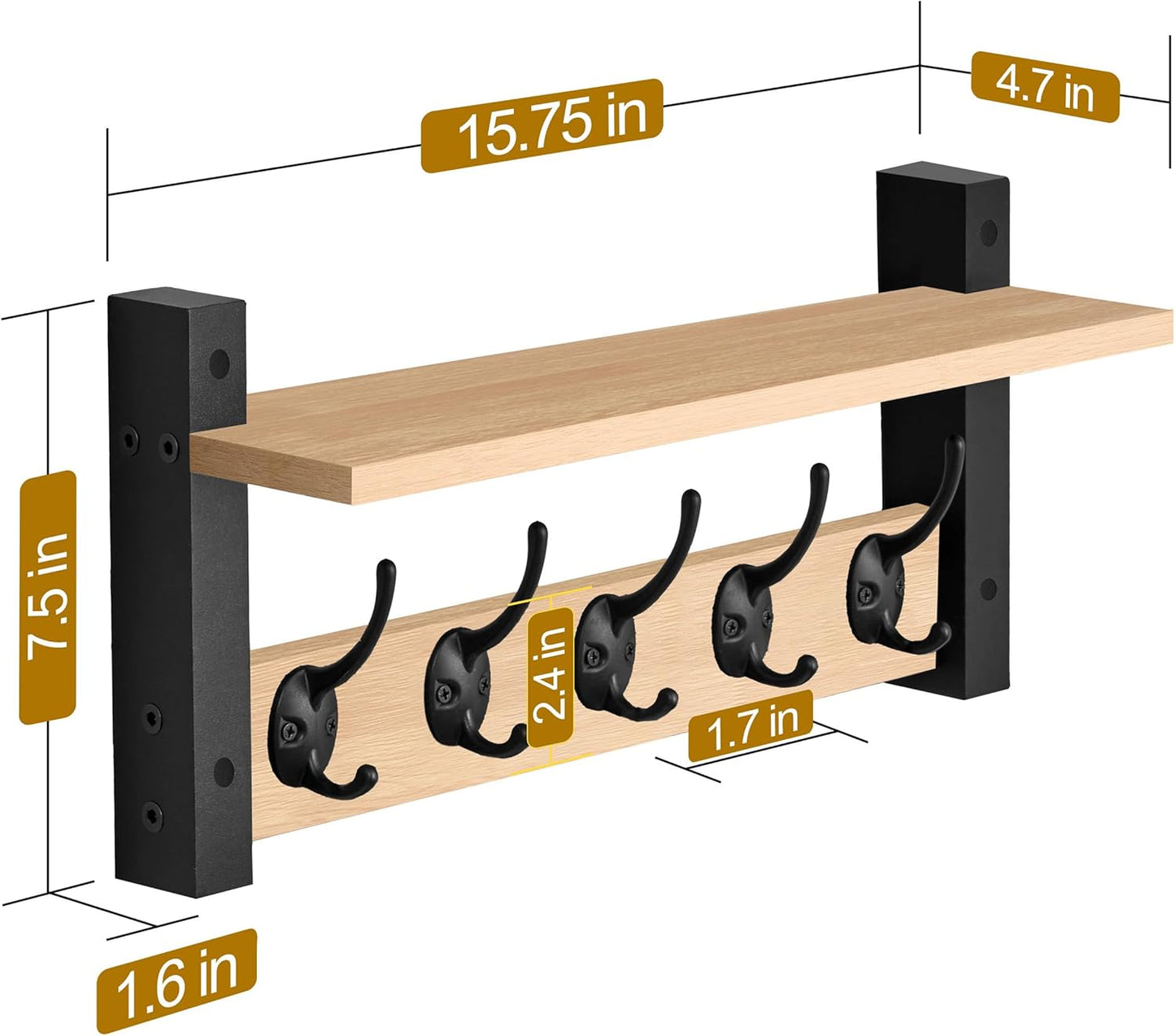 Sorbus Coat Hooks Wall Mount with Shelf – 16 Inch Coat Rack Wall Mount with 5 Heavy Duty Hooks – Floating Wall Shelf with Hooks for Entryway, Bathroom, Bedroom, Kitchen, or Mudroom (Maple Wood)