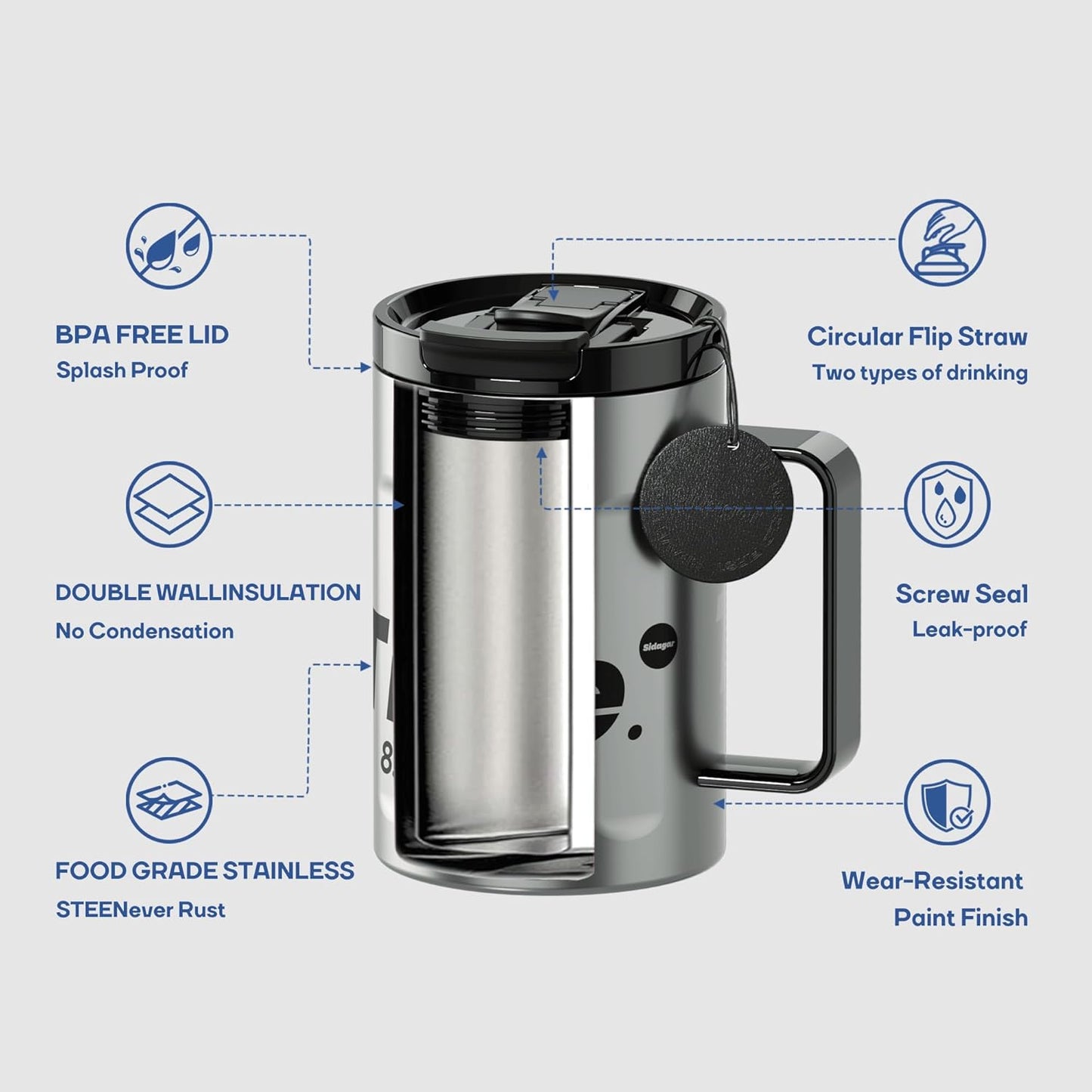 Sidagar+ 18 OZ z Stainless Steel Insulated Coffee Mug with Handle and Lid, Double Wall Vacuum Travel Mug, Tumbler Cup with Sliding Lid, Resuable Insulated Coffee Tumbler, Silver