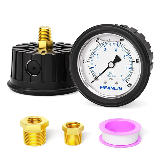 MEANLIN MEASURE 0~100Psi Stainless Steel 1/4" NPT 2.5" FACE DIAL,Liquid Filled Pressure Gauge, Center Back Mount (with Rubber Protective Sleeve), with 1/2" NPT and 3/8" NPT Hex Bushing