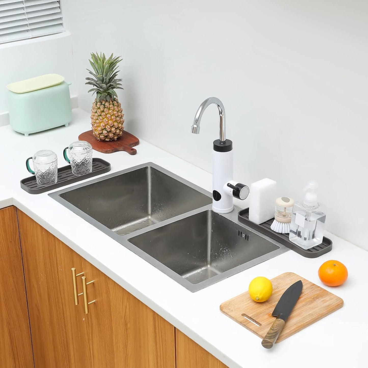 Silicone Kitchen Sink Organizer Tray for Multiple Usage,Eco-Friendly Sponges Holder for Kitchen Bathroom Counter or Sink,Dish Soap Dispenser,Scrubber,Bottle,Cup (Coffee, 12"×4")