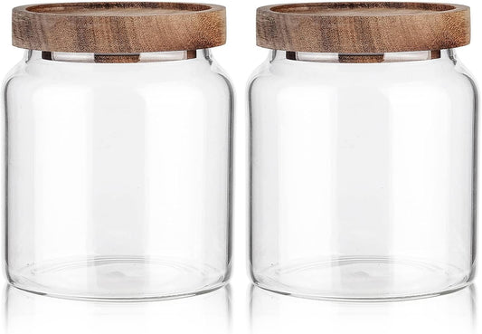 Labina Glass Storage Container Airtight Food Jars Kitchen Canister with Wood Lids, 20 Oz Wide Mouth Pantry Organization Glass Jar for Flour, Sugar, Cookie, Spagetti, Nuts and Candy (2 Pack)