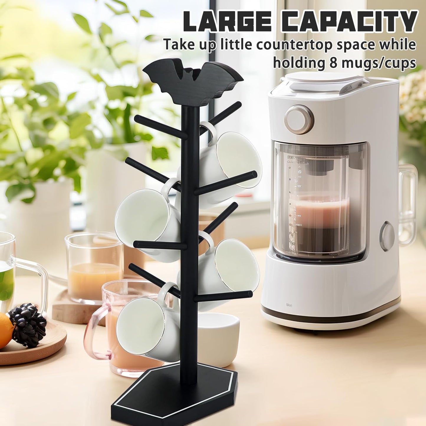 Bat Mug Holder Tree - 8 Hooks Coffee Mug Rack - Gothic Home Decor Wood Coffee Mug Tree for Countertop - Coffee Cup Holder for Halloween Kitchen Organizer & Coffee Bar Accessories (Coffin)