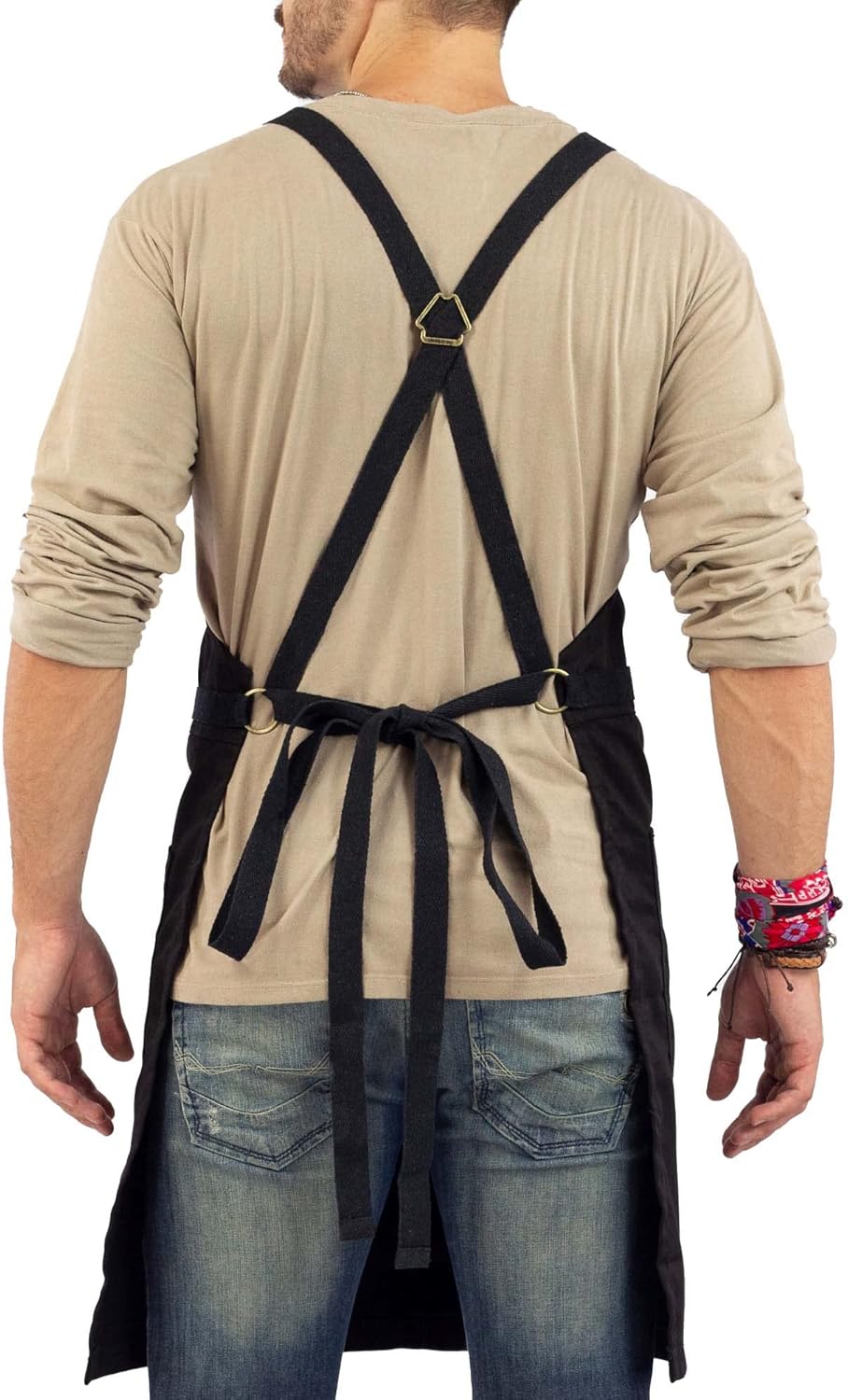 Under NY Sky Cross-Back Deep Black Apron - Durable Twill with Leather Reinforcement and Split-Leg - Adjustable for Men and Women - Pro Chef, Tattoo, Baker, Barista, Bartender, Stylist, Server Aprons