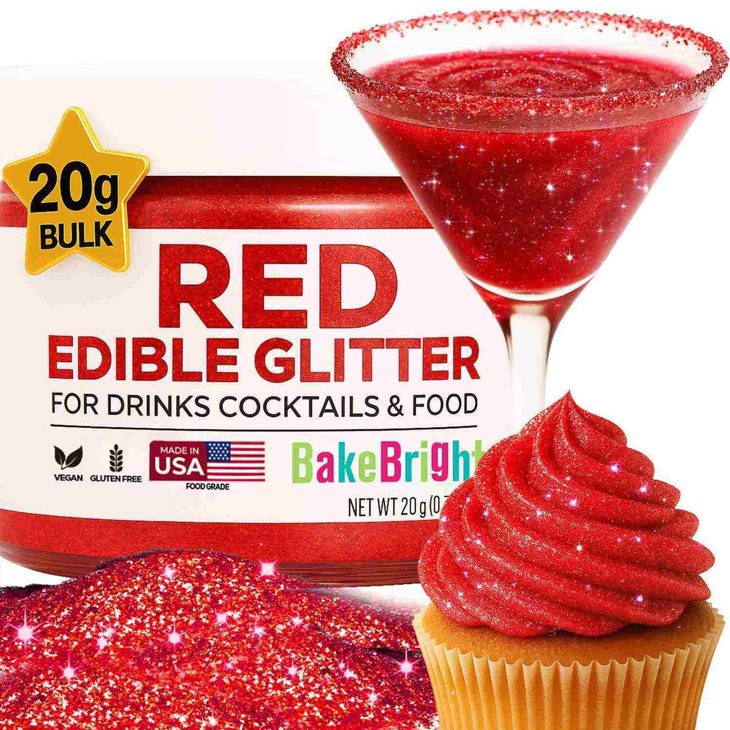 Bulk 20g Red Edible Glitter for Drinks | Premium Edible Glitter for Cakes, Cocktails, Red Cake Decorating Decorations Food Grade, Vegan, Kosher, Halal, Gluten Free - Made in USA