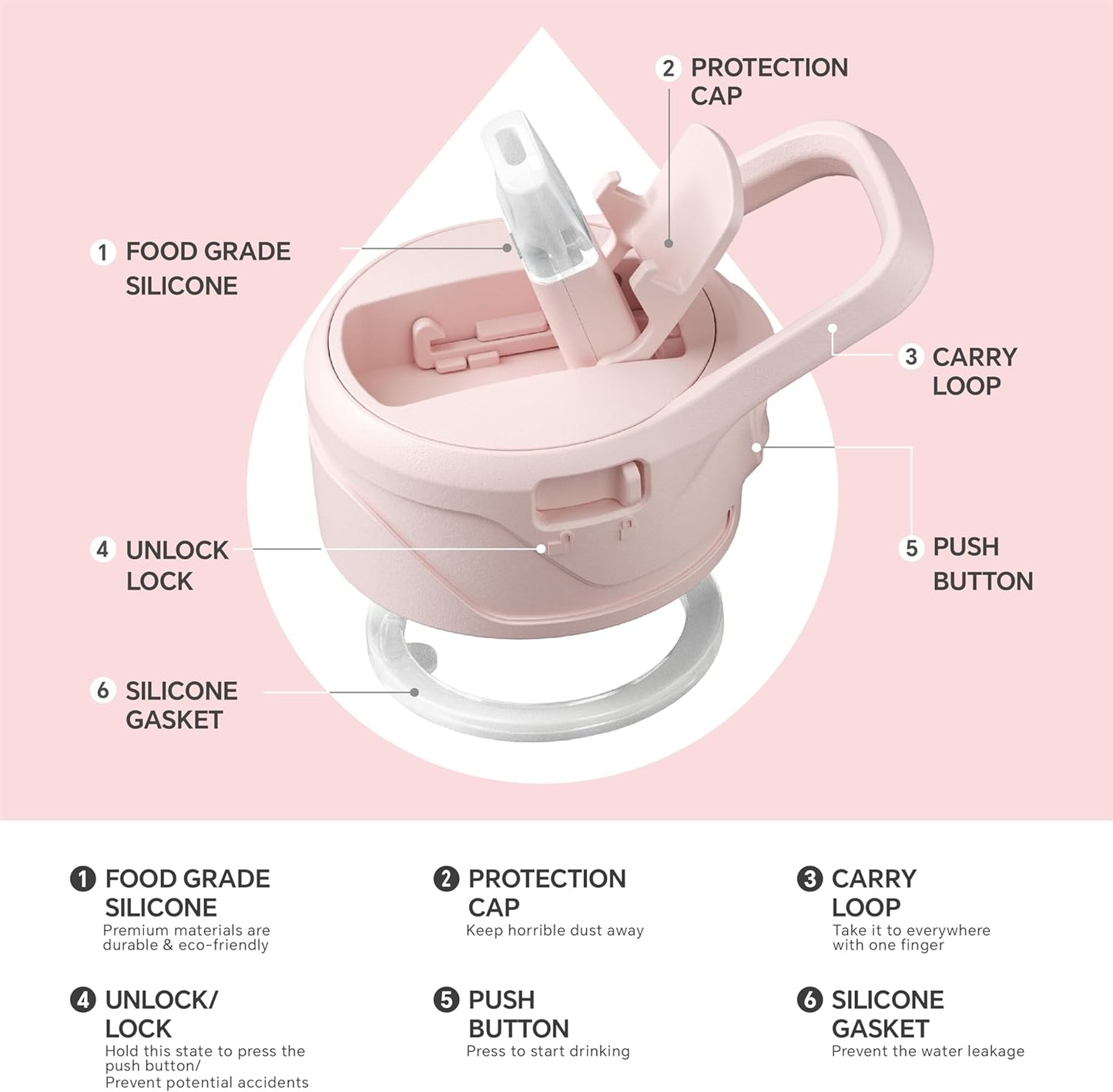 IDEUS Insulated Stainless Steel Water Bottle with 2 Leak-Proof Lids, Thermal Water Flask for Hiking Biking, 18oz, Light Pink